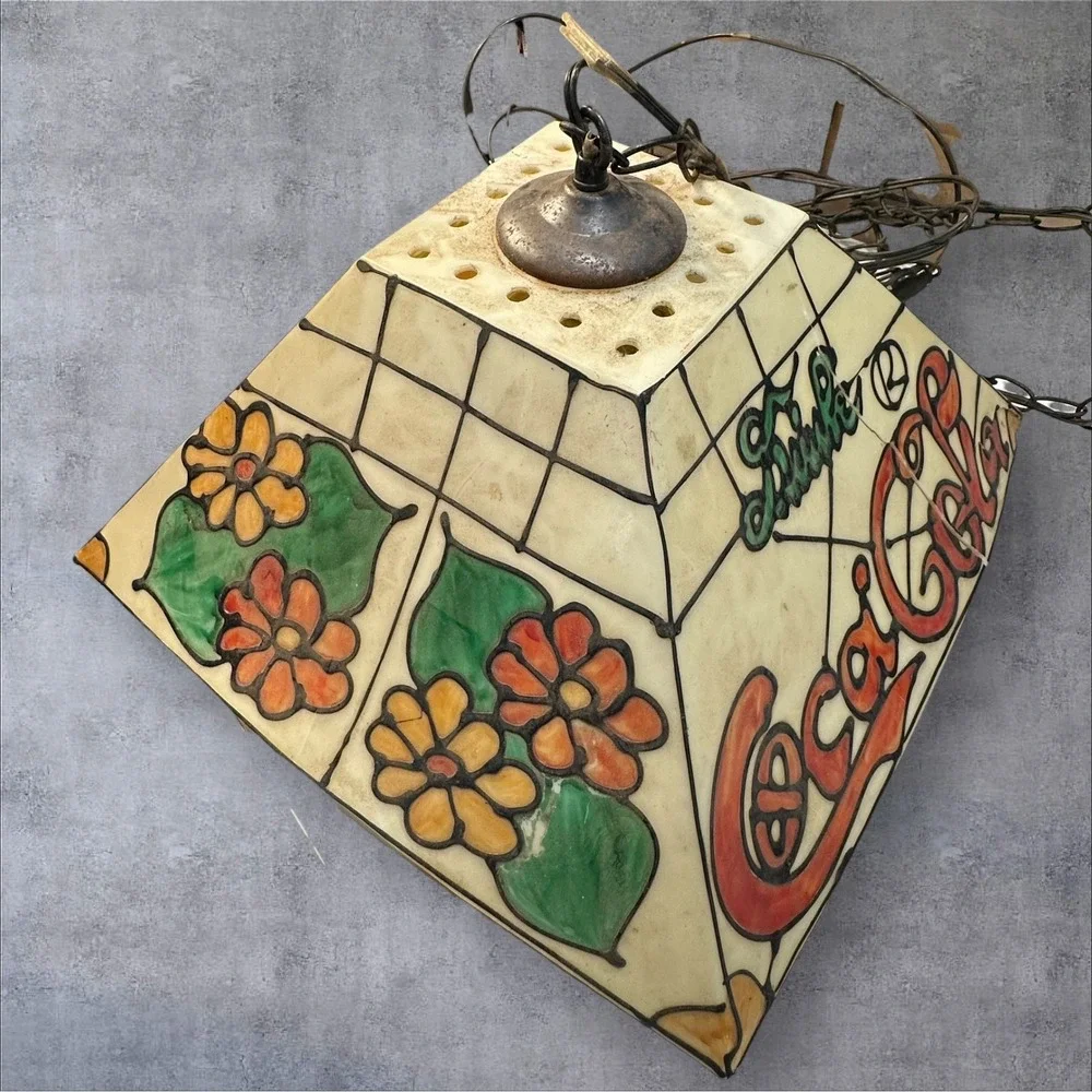 Vintage Coca-Cola Stained Glass Style Hanging Pendant Light Lamp‎ — Needs Repair